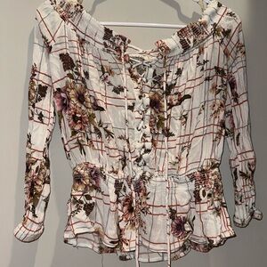 White floral/plaid off the shoulder long sleeve shirt